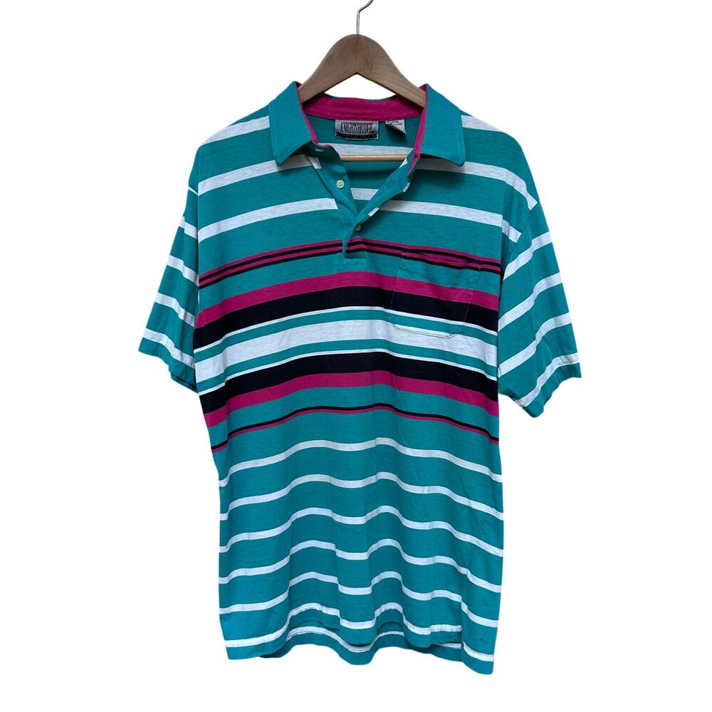 Vintage Knightsbridge Striped Polo Shirt Teal Paper Thin Men’s L 90s
